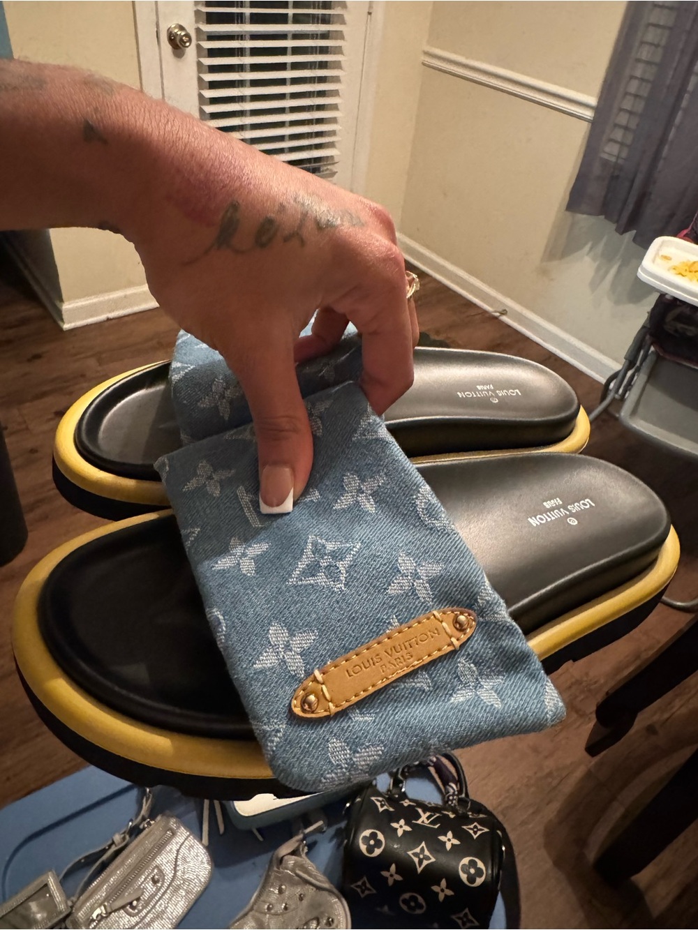 Denim Monogram Slide Sandals with Gold Plaque Size Eu 40 8.5/9w
